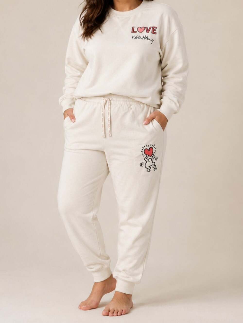 Keith Haring LOVE Heart Cream Sweatshirt Jogger Lounge Set Medium